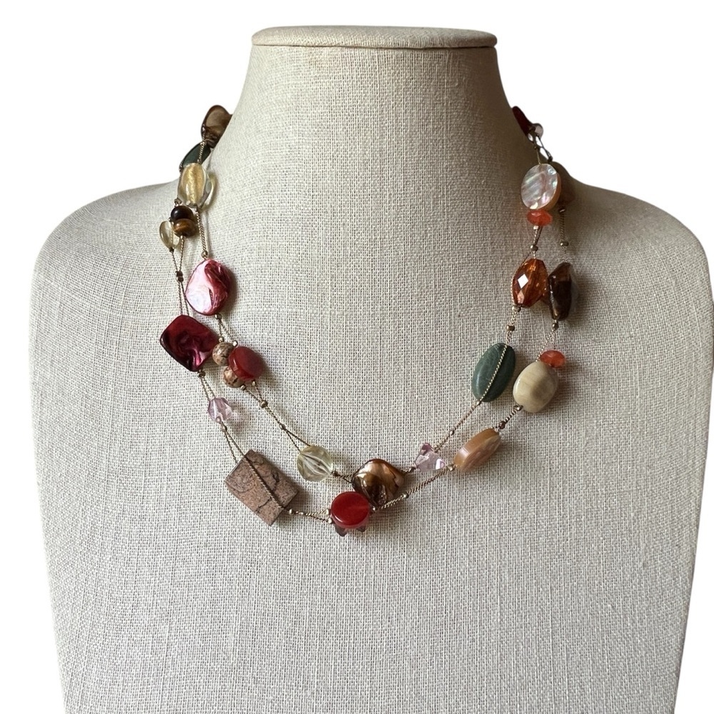 Lia Sophia Natural Stone Shells Glass Beaded Gold Long Necklace